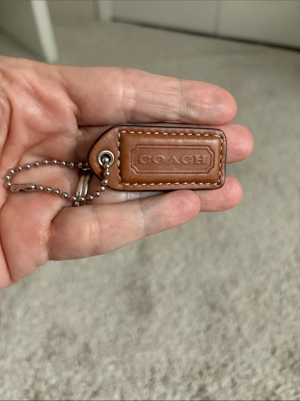 Coach Brown Leather Embossed HangTag with Ball Chain